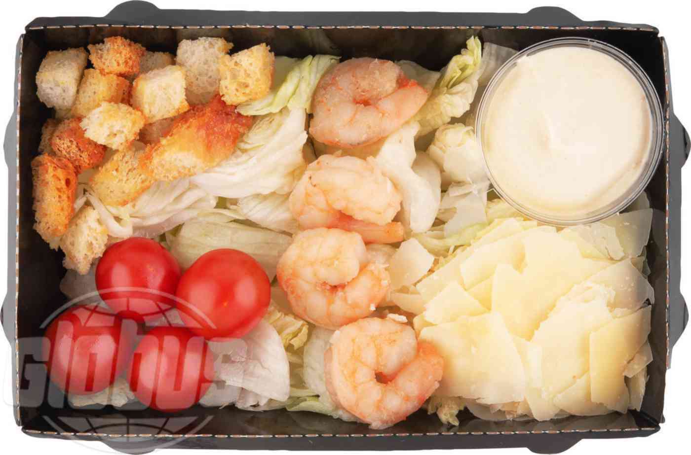 

Салат Globus Цезарь с креветками +-350 г