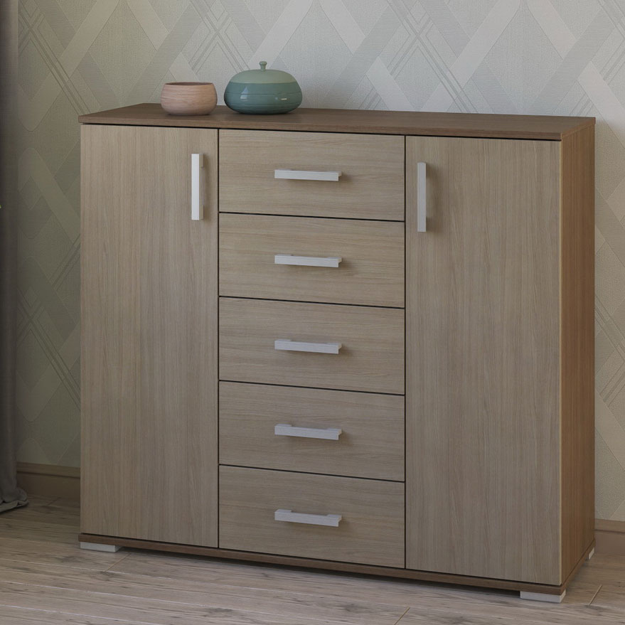 

Широкий комод с 5 ящиками и 2 дверьми МагМебель 45 Ясень шимо тёмный/светлый, Широкий комод с 5 ящиками и 2 дверьми 45