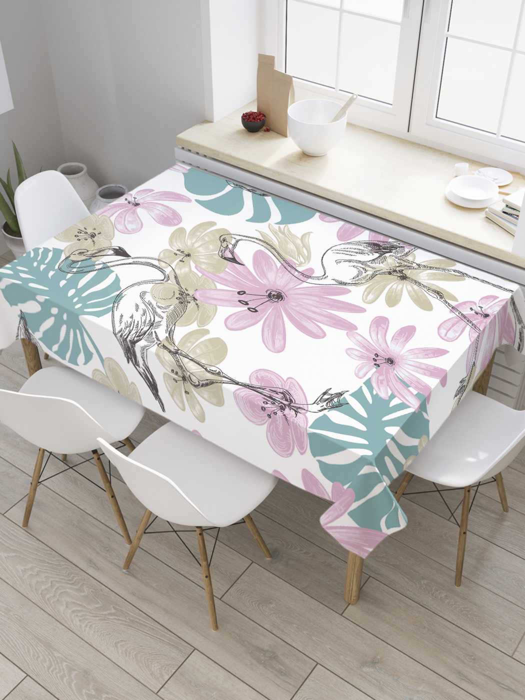 

Скатерть прямоугольная JoyArty "Фламинго в цветах" из оксфорда, 180x145 см, Розовый, Фламинго в цветах