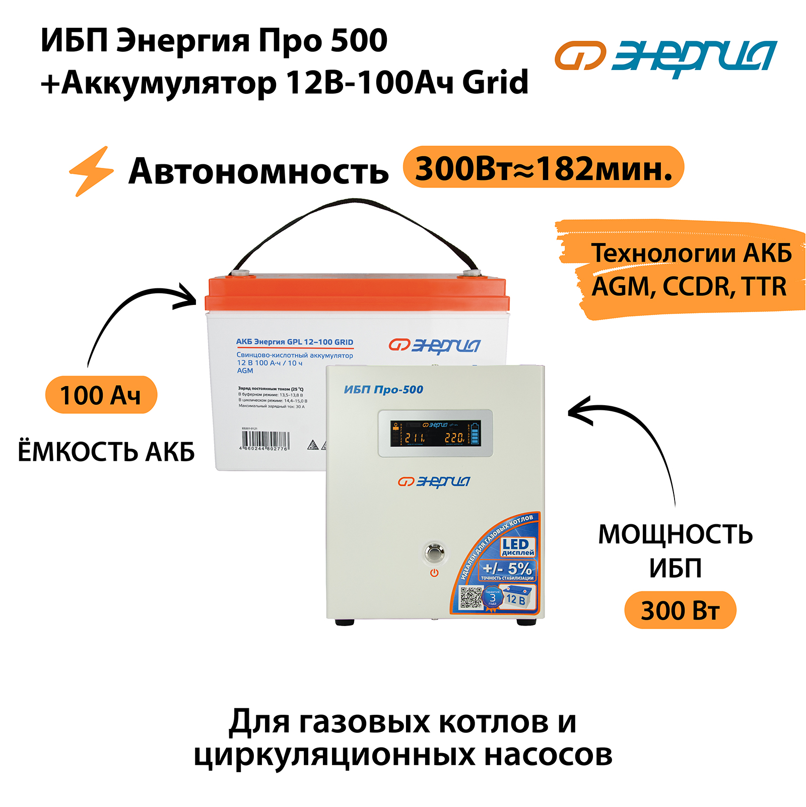 Источник бесперебойного питания Энергия Про 500 + Аккумулятор Grid (N0201-0027-09)