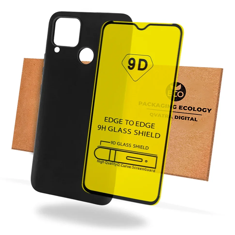 фото Чехол накладка для realme c15 комплект с защитным стеклом 9d черный qvatra