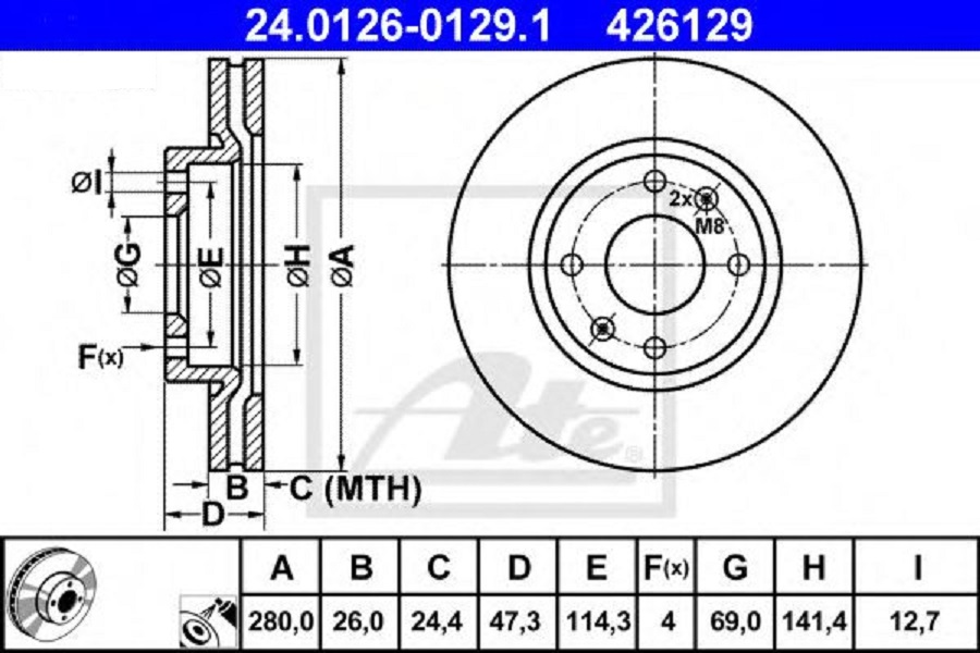 

Диск тормозной передний Hyundai Elantra/Sonata IV 01>06 Kia Magentis 01>05 ATE 24012601291