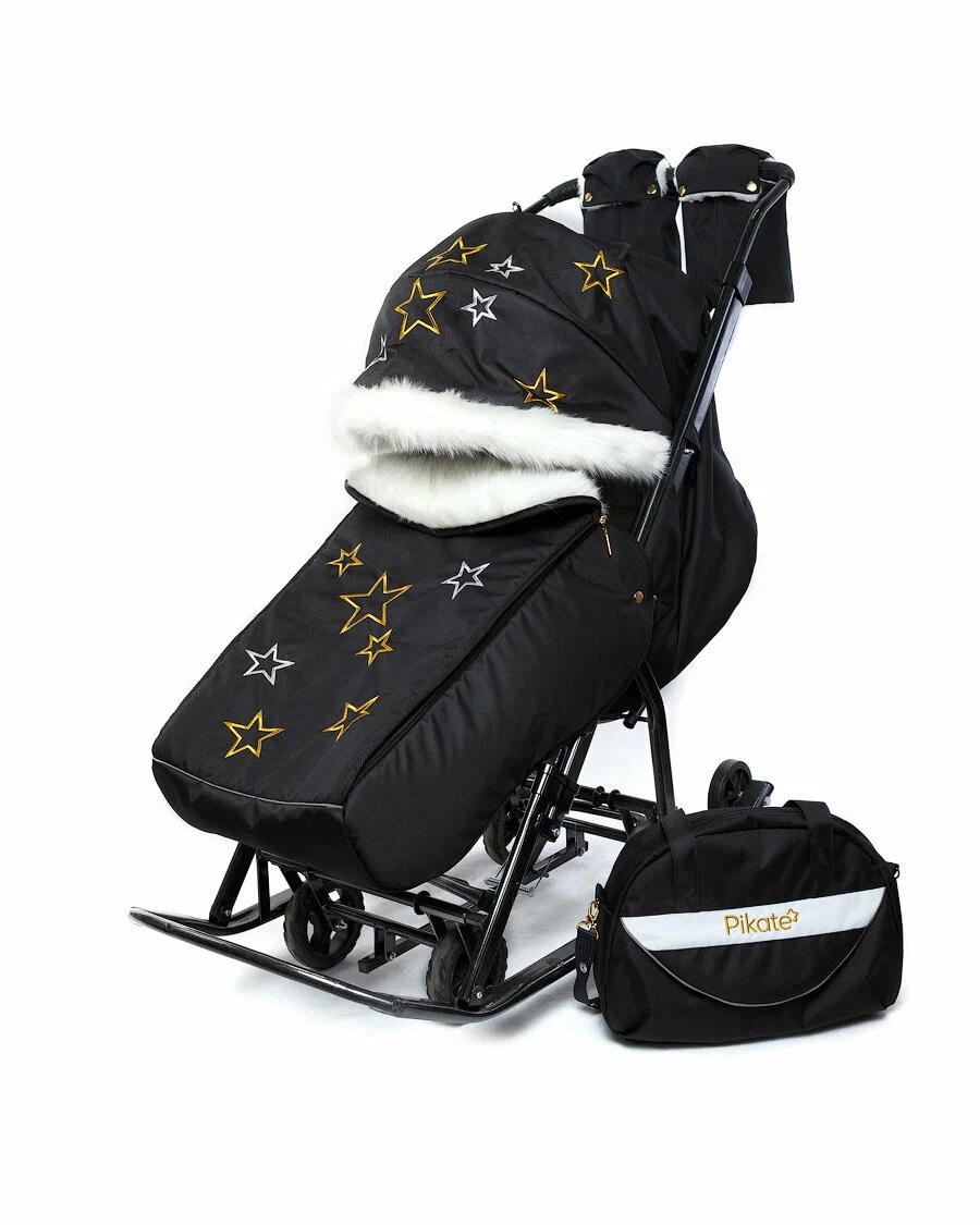 Санки-коляска детские зимние на колесах Pikate Limited Edition с бампером черные