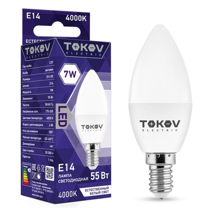 

Лампа светодиодная TOKOV ELECTRIC, 7 Вт, С37, 4000 К, Е14, 176-264В