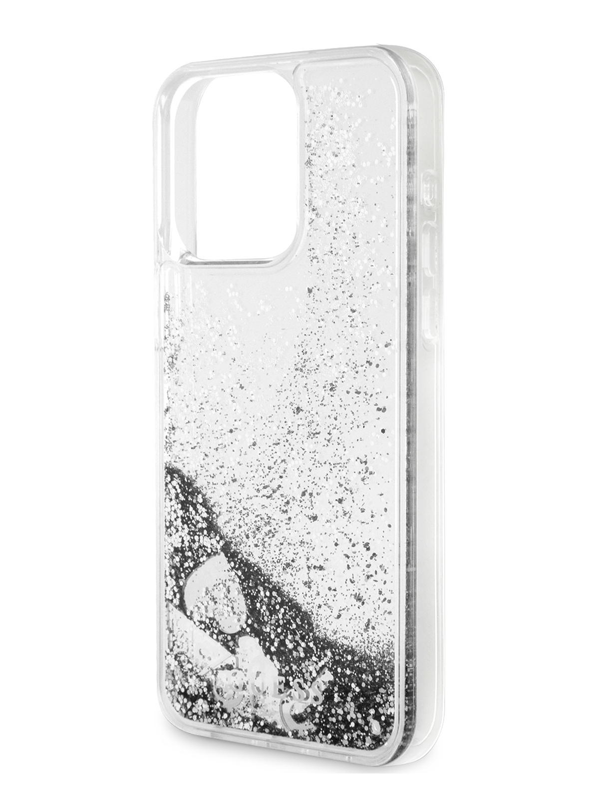 

Чехол Guess для iPhone 16 Pro с жидкими блестками, серебристый