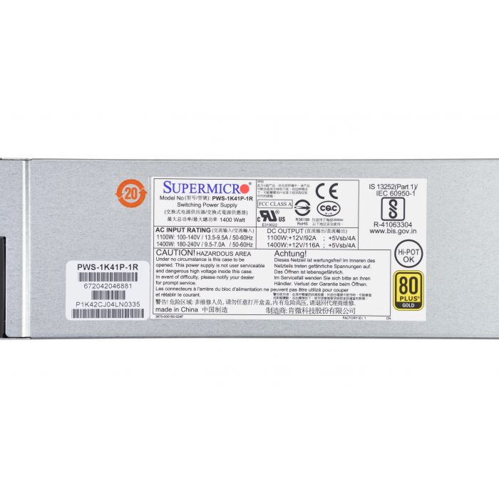 

Серверный блок питания Supermicro PWS-1K41P-1R 1400W (90308), Серебристый, PWS-1K41P-1R