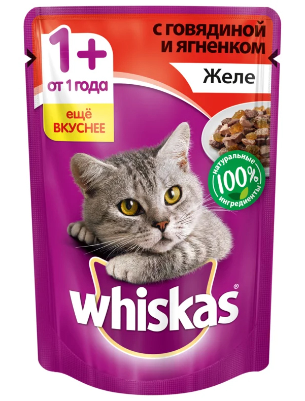 

Влажный корм для кошек Whiskas с говядиной и ягненком, 75 г