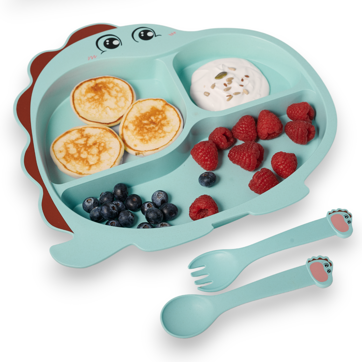 Детская посуда для кормления Добрый Филин Динозаврик тарелка, ложка, вилка, палочки