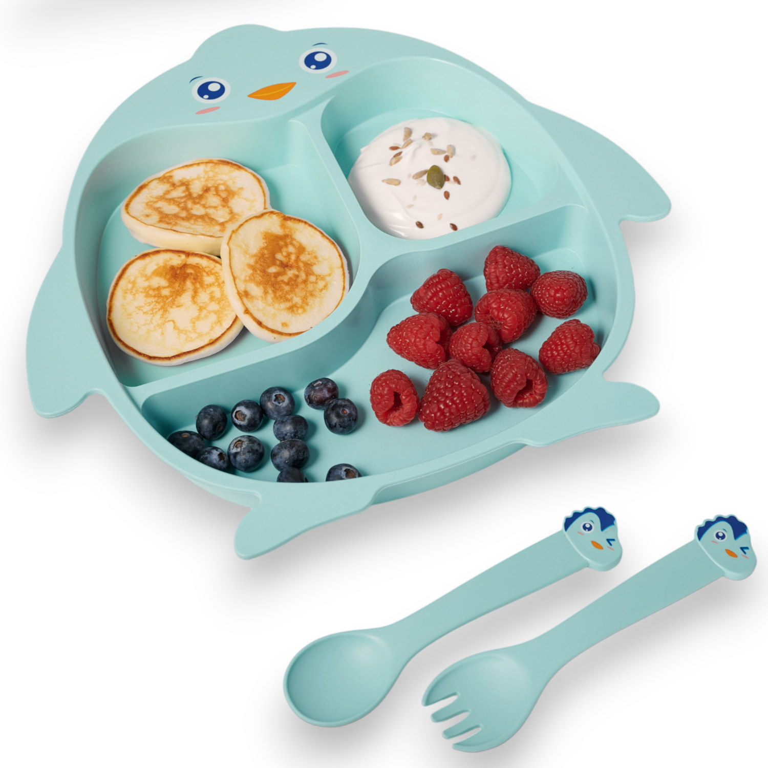 Детская посуда для кормления Добрый Филин Пингвинёнок тарелка, ложка, вилка, палочки