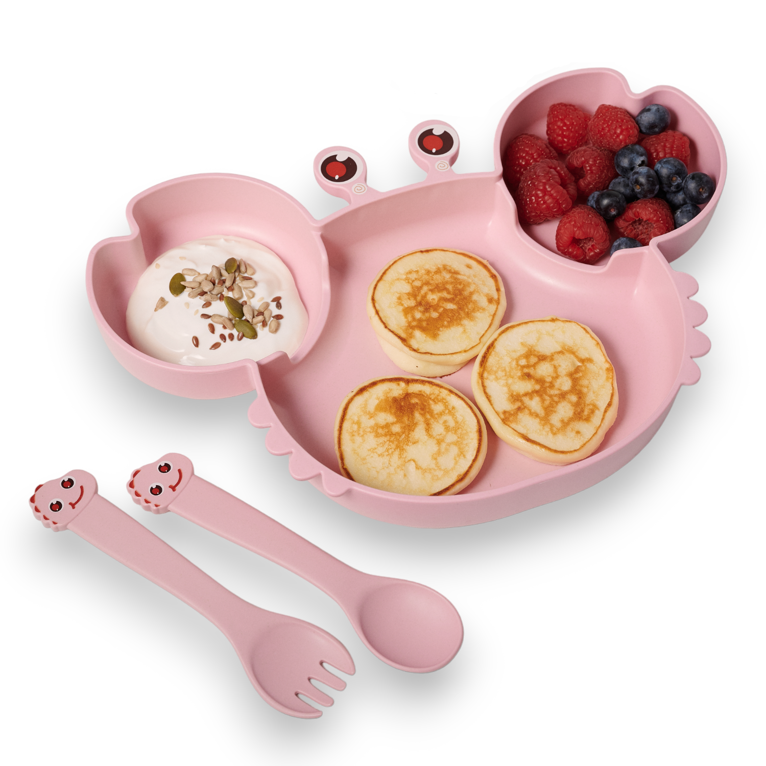 Детская посуда для кормления Добрый Филин Крабик тарелка, ложка, вилка, палочки, розовая