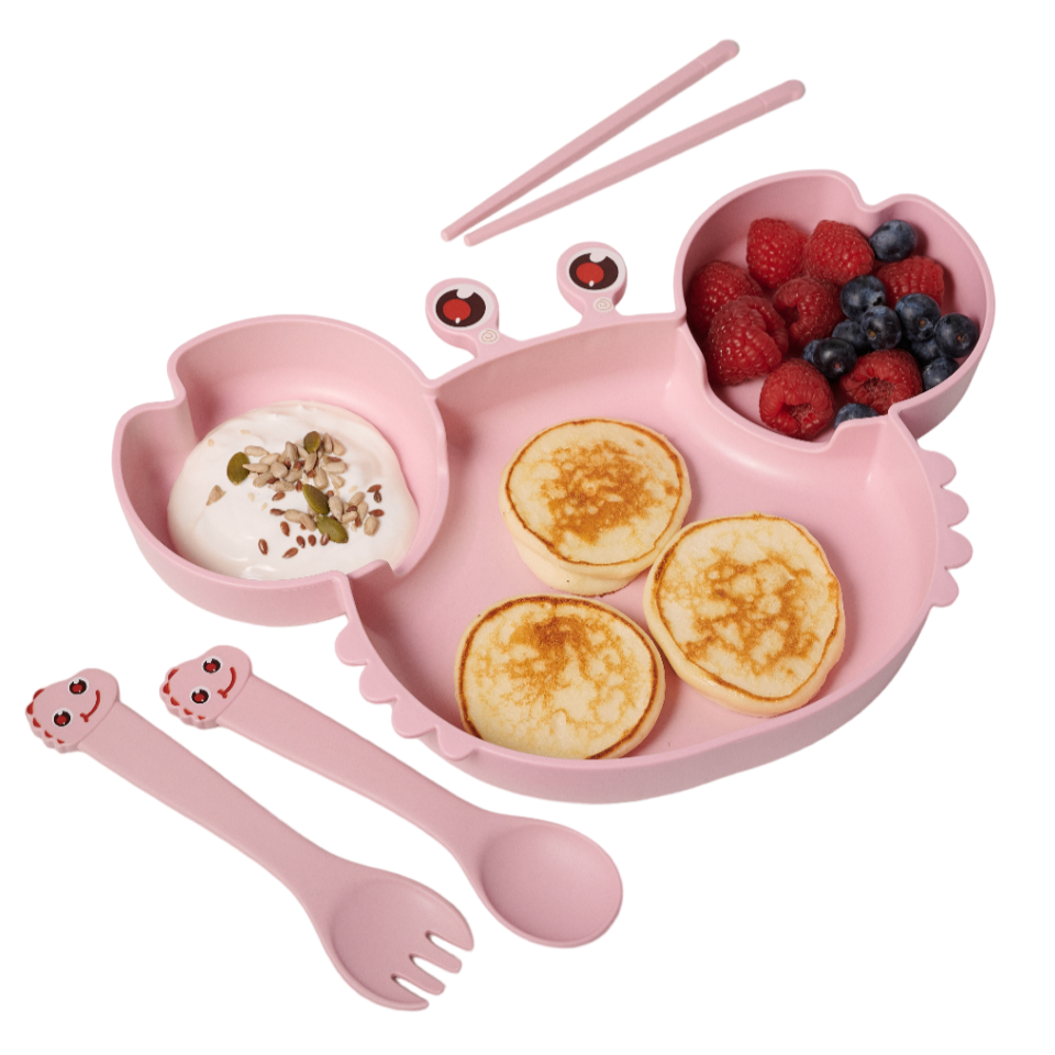 фото Детская посуда для кормления добрый филин крабик тарелка, ложка, вилка, палочки, розовая