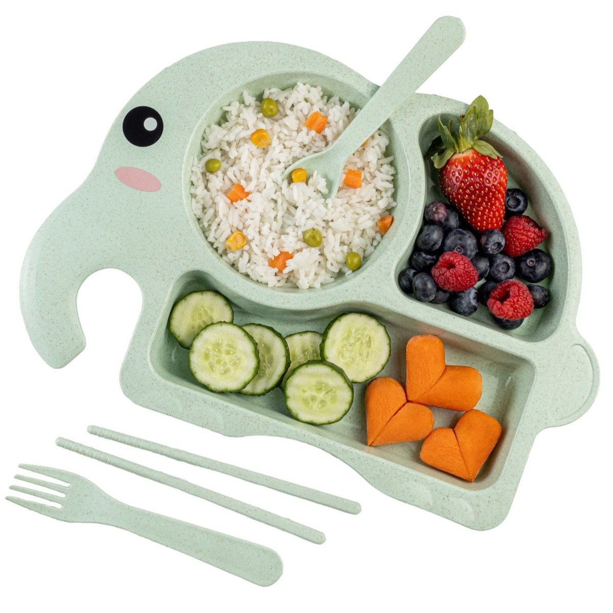 Детская посуда для кормления Добрый Филин Слонёнок тарелка, ложка, вилка, палочки, зеленый