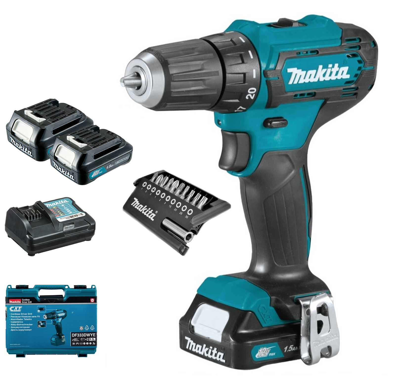 Акк. безударная дрель-шуруповерт MAKITA DF333DWYE + набор бит D-30651-12,  1.5Ач