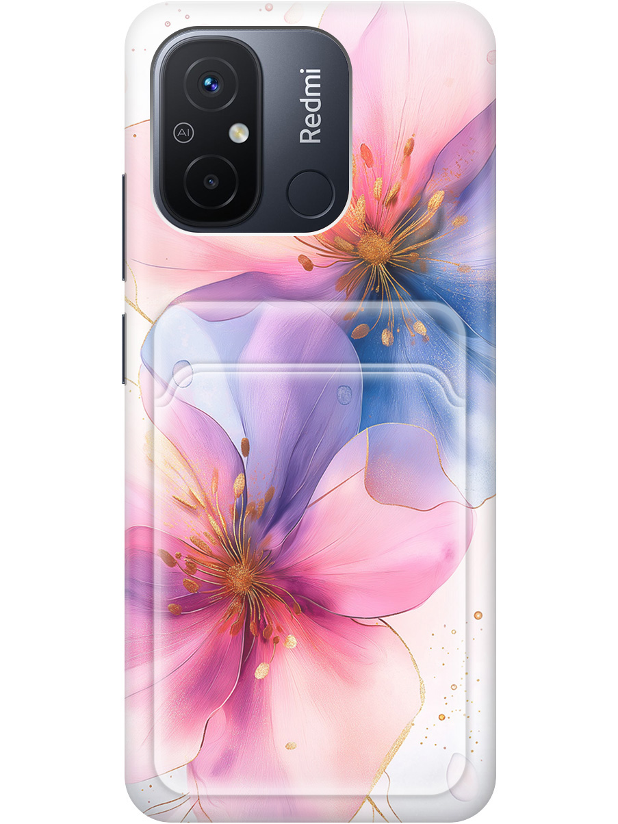 

Силиконовый чехол на Xiaomi Redmi 12C с принтом "Магические цветочки" с карманом для карты, Белый;синий;прозрачный;розовый, 766734823