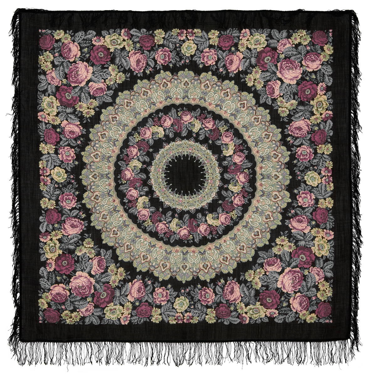 Платок женский Павловопосадский платок 353 черный/розовый/зеленый, 146х146 см