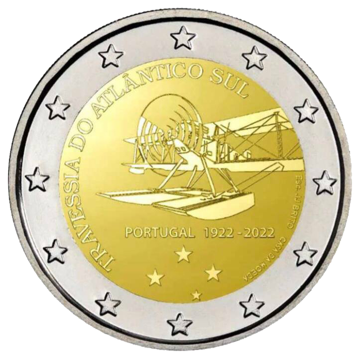 

Памятная монета 2 евро 100 лет первому перелёту Южной Атлантики.Португалия,2022гв.