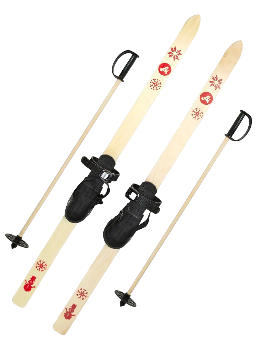Детский лыжный комплект с креплением с резиновой пяткой и палками Маяк, 110 см, дерево