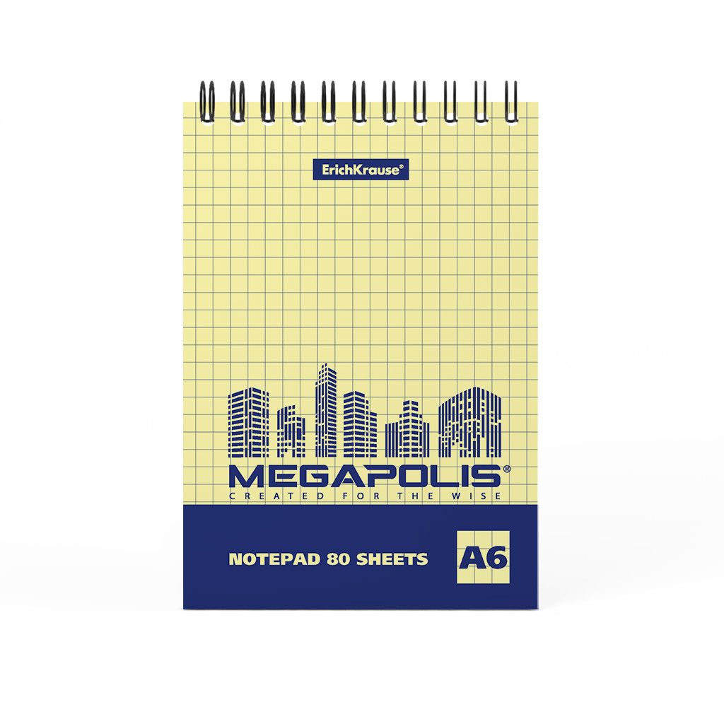 

Блокнот на спирали ErichKrause MEGAPOLIS®Yellow Concept А6 80 л клетка желтый внутр блок, Блокноты на спирали