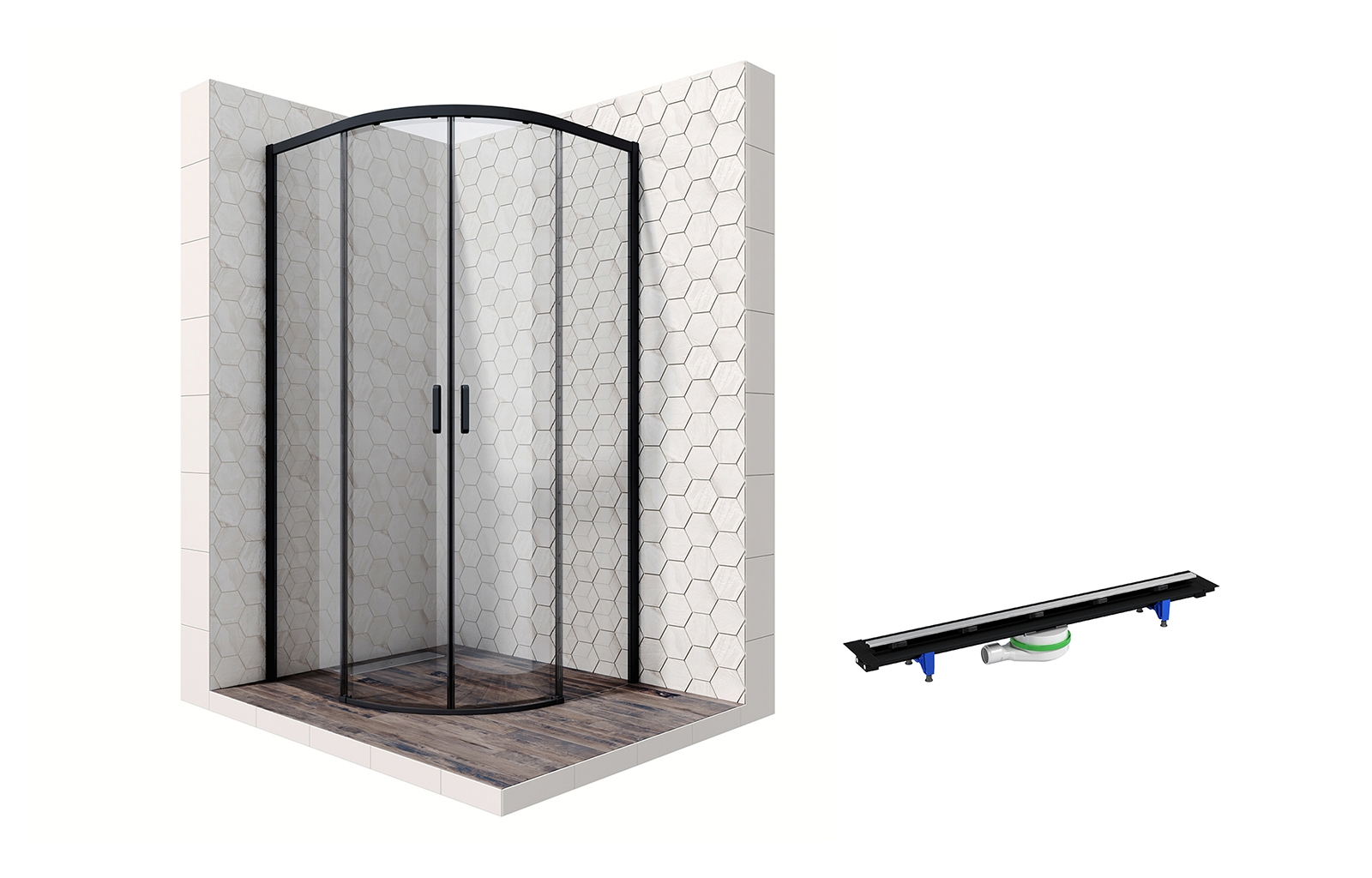 

Душевой уголок Ambassador Queen Black 11011201-PR3, полукруглый, линейный трап, 90х90