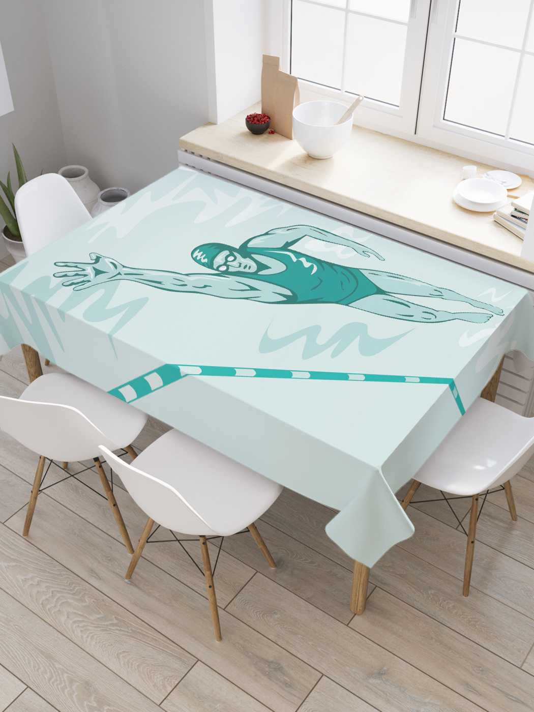 

Скатерть прямоугольная JoyArty "Быстрый пловец" из оксфорда, 180x145 см, Голубой, Быстрый пловец