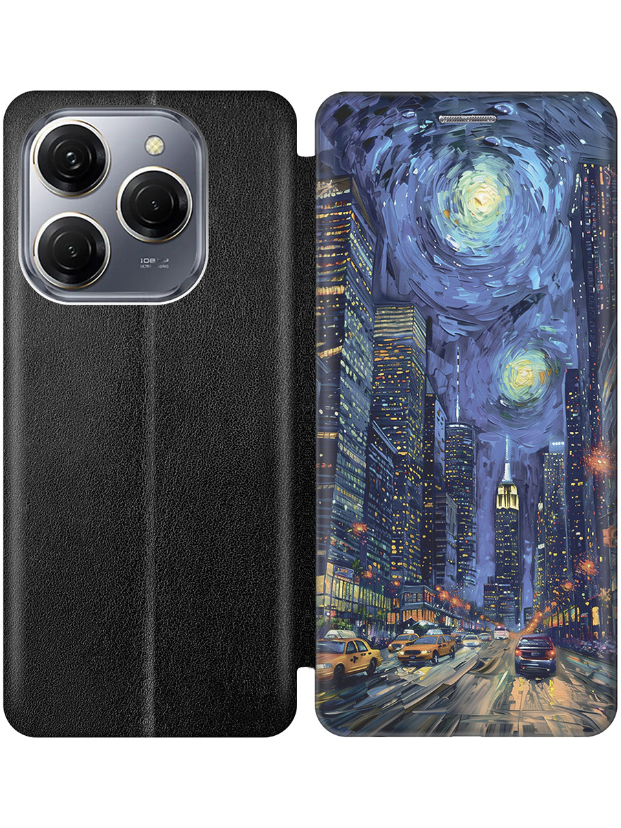 

Чехол-книжка на Tecno Spark 20 Pro с принтом "Ночной проспект" черный, Черный;синий, 779829010