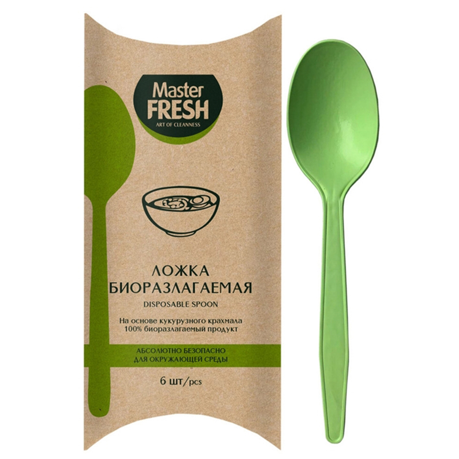 фото Ложка master fresh eco-line, одноразовая, биоразлагаемая, из кукурузы, 6 шт.