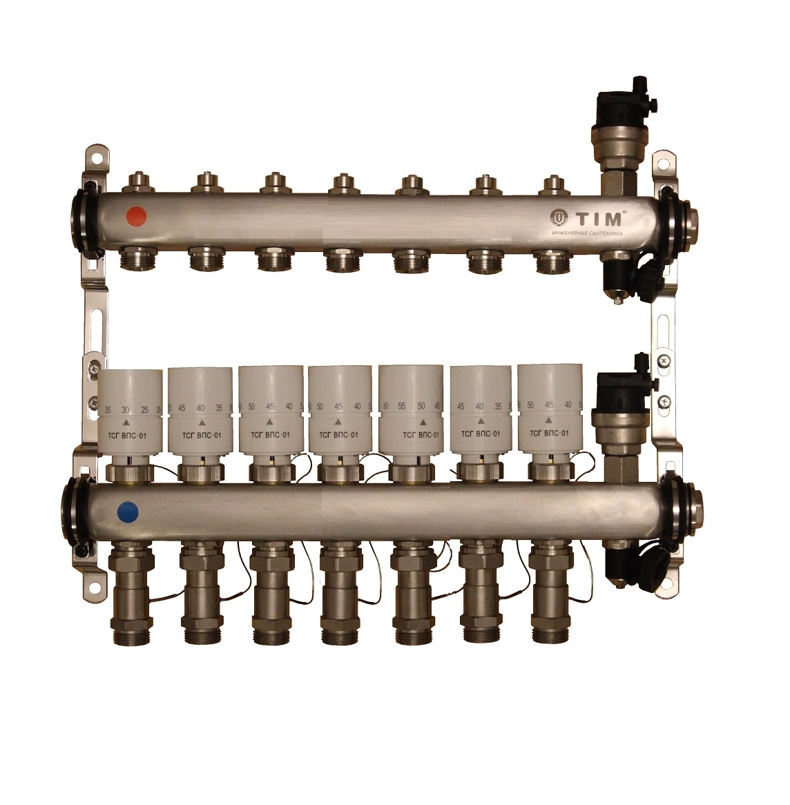 Коллекторная группа с термоголовками ТСГ ВПС на 7 выходов без расходомеров ВТП ТТ 0207