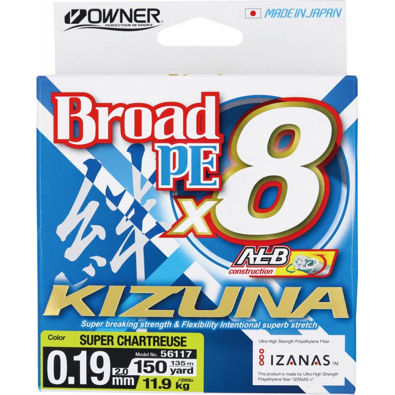 Шнур OWNER Kizuna X8 Broad PE chartreuse 135м 0,19мм 11,9кг