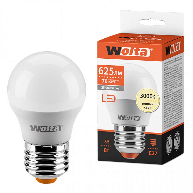 

Лампа WOLTA Led 25Y45GL 7.5W E27 3000K шар 404, WOLTA