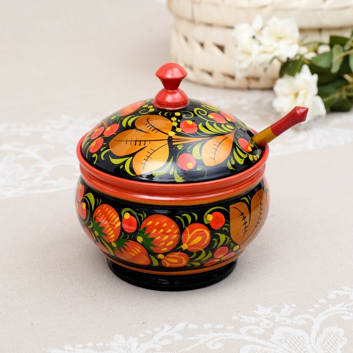 

СаxарницаЯгодка, с ложкой, 12x13 см, xоxлома, Черный;красный;золотистый