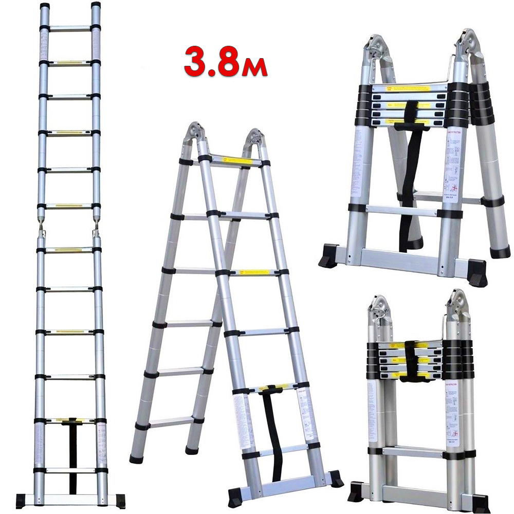 фото Лестница стремянка телескопическая алюминиевая мастер 1.9м/3.8м палисад
