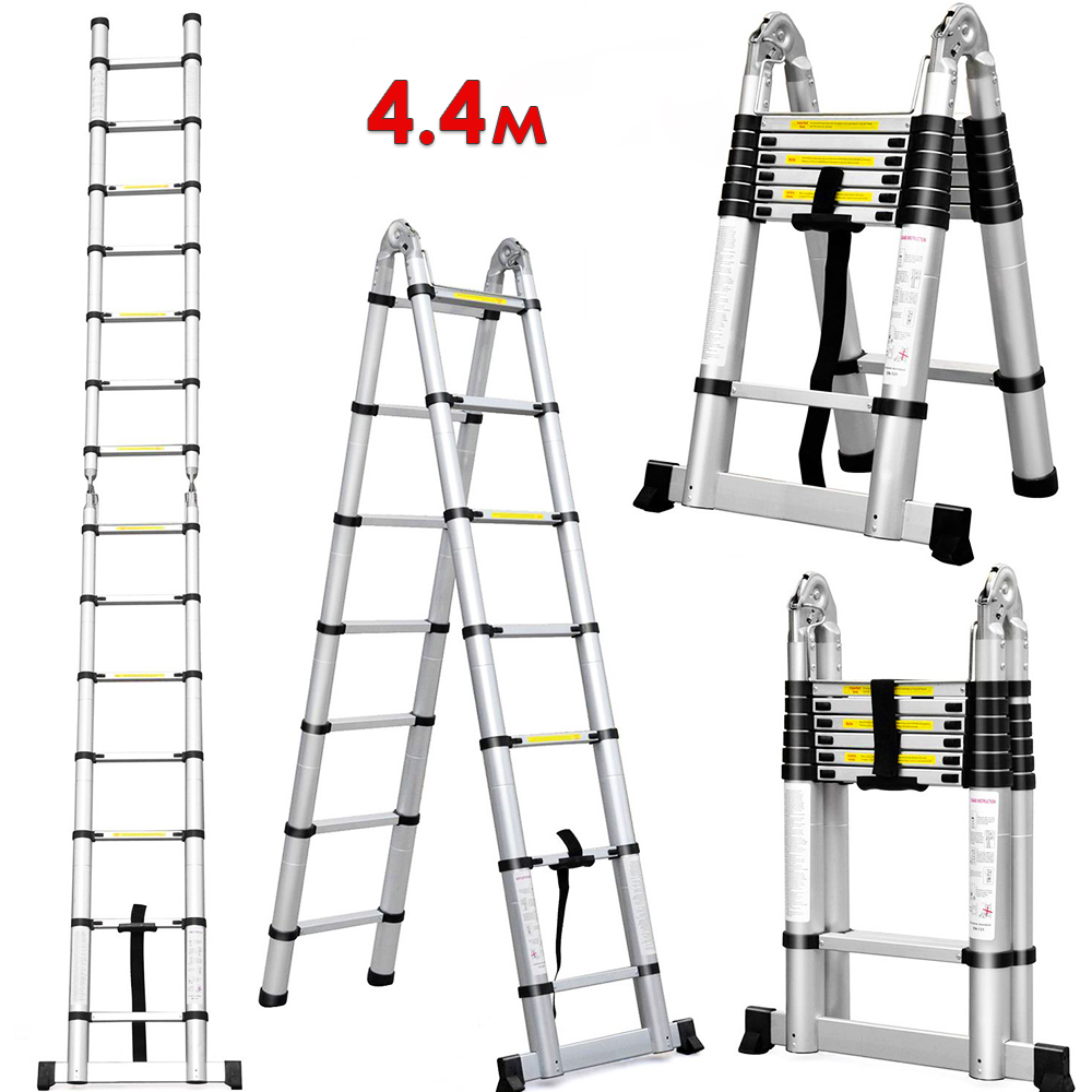 фото Лестница стремянка телескопическая алюминиевая мастер 2.2м/4.4м палисад