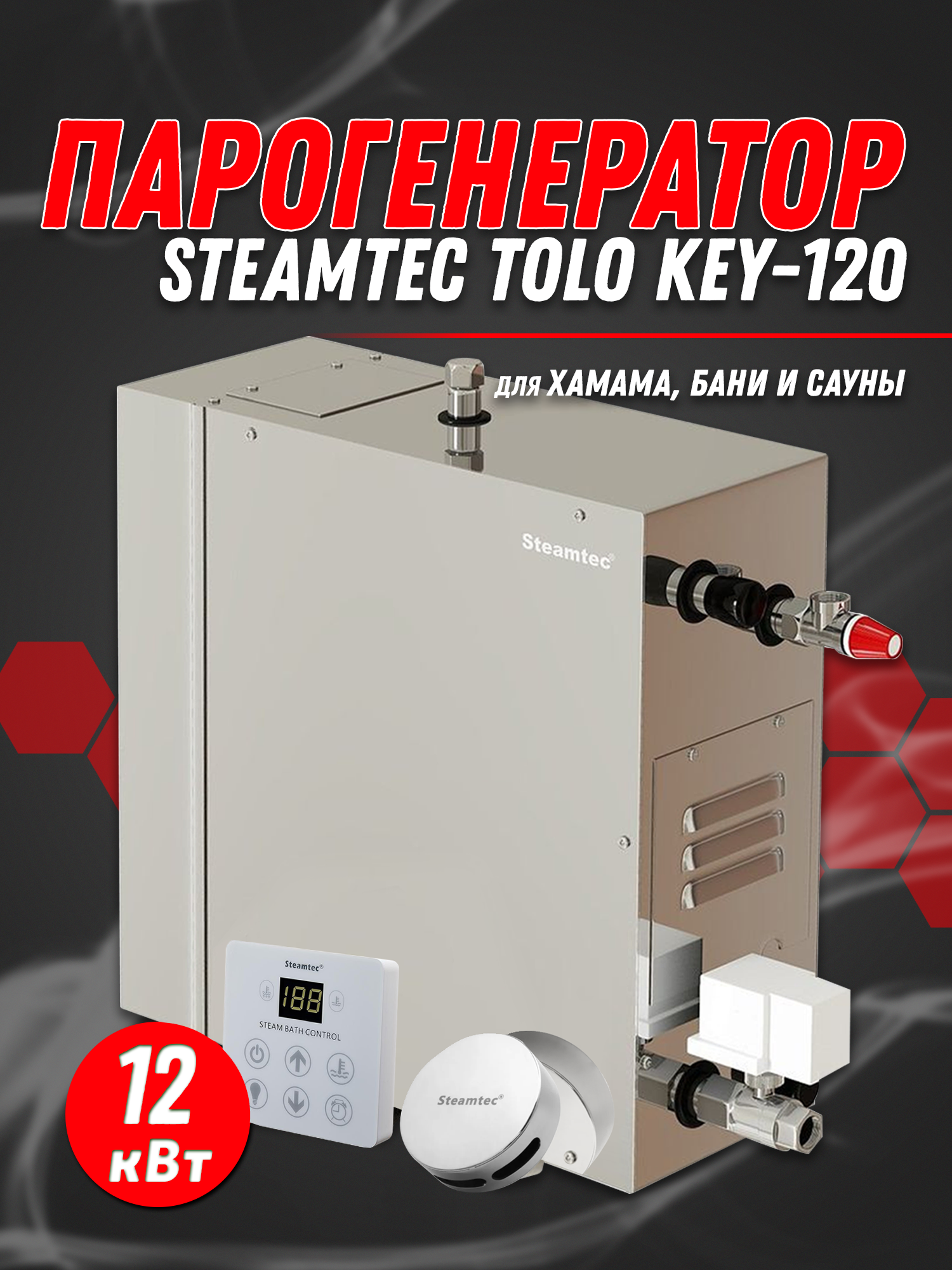 Парогенератор Steamtec TOLO-120-KEY (12 Квт), 380В (объем парной 11-15 м3)