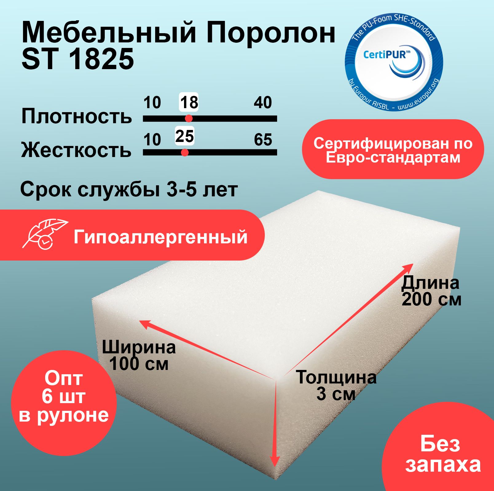 

Мебельный поролон ФомЛайн ST 1825 лист 30x1000x2000мм умеренно мягкий, Белый, st_18