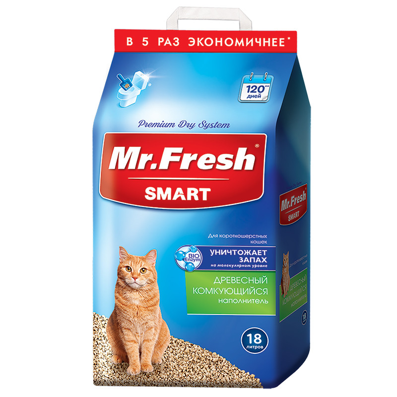 Комкующийся наполнитель Mr.Fresh SMART древесный, для короткошерстных, 18 л