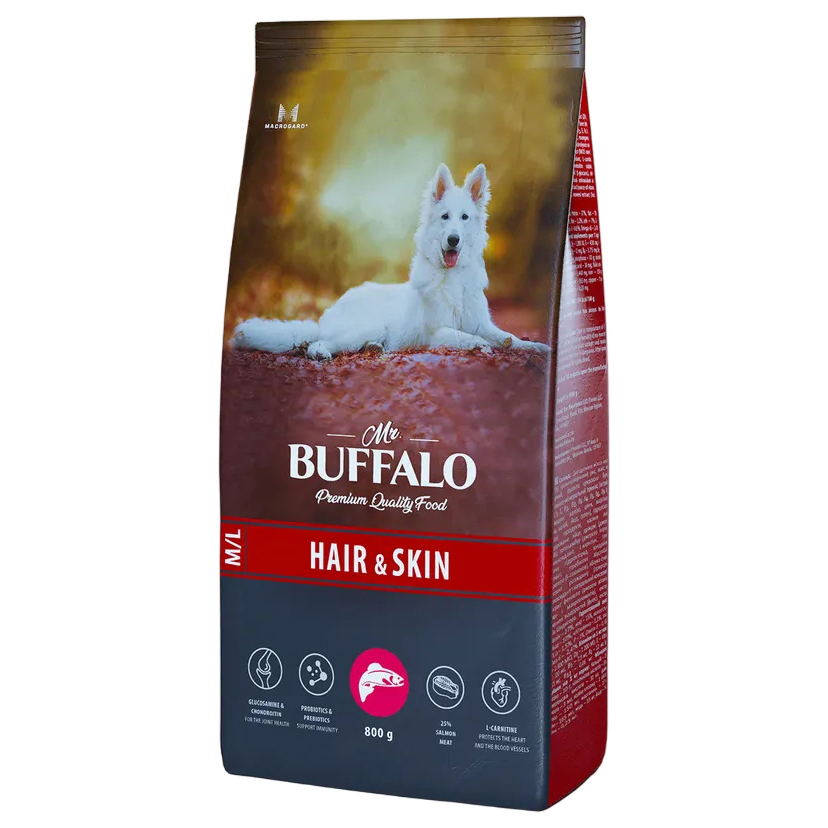 Сухой корм для собак средних и крупных пород Mr.Buffalo HAIR & SKIN CARE M\L, рыба, 0.8кг