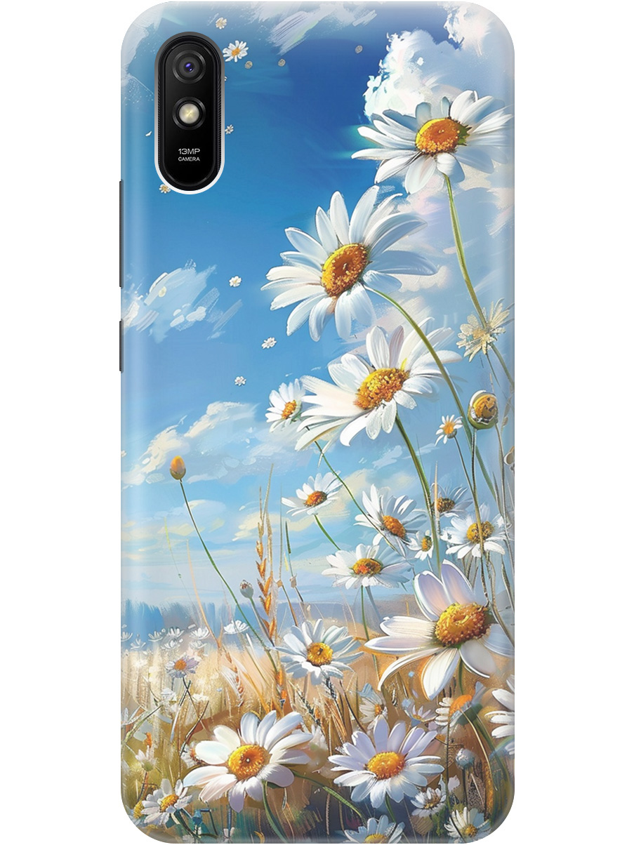 

Силиконовый чехол на Xiaomi Redmi 9A с рисунком "Ромашки на поле", Белый;синий, 20001194