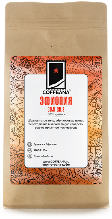 

Свежеобжаренный кофе COFFEANA Эфиопия Гуджи Грейд 3 в зернах 250 г, ETHIOPIAGUJI