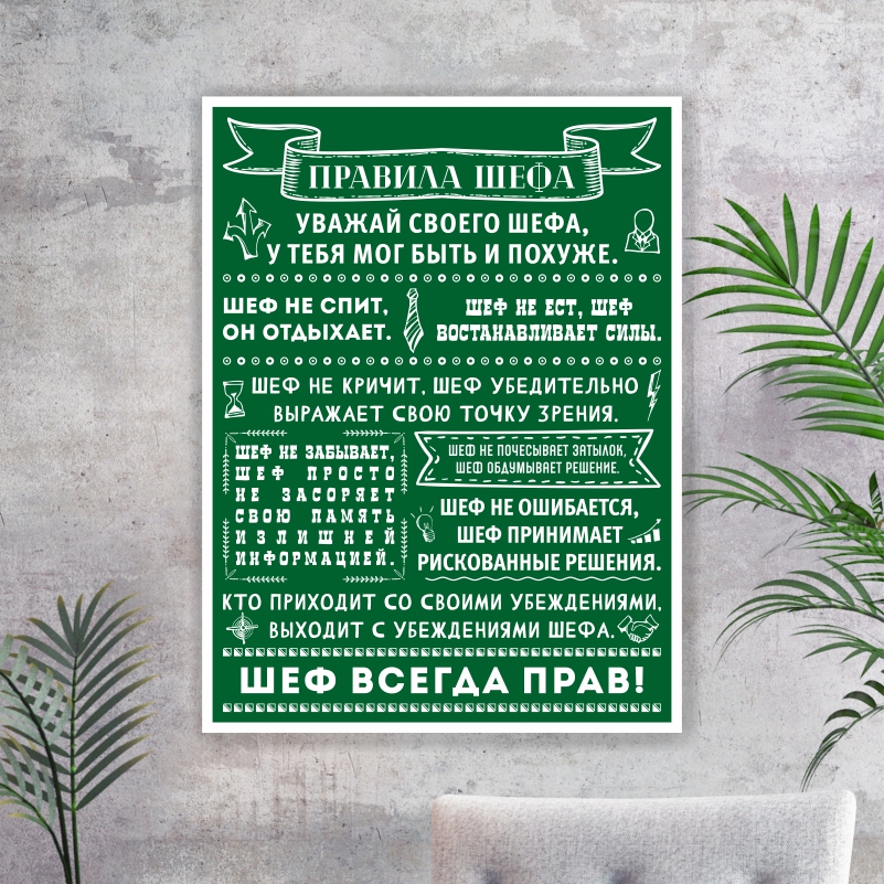 

Постер на стену ПолиЦентр Правила Шефа 50х70 см, ПравилаШефаЗел