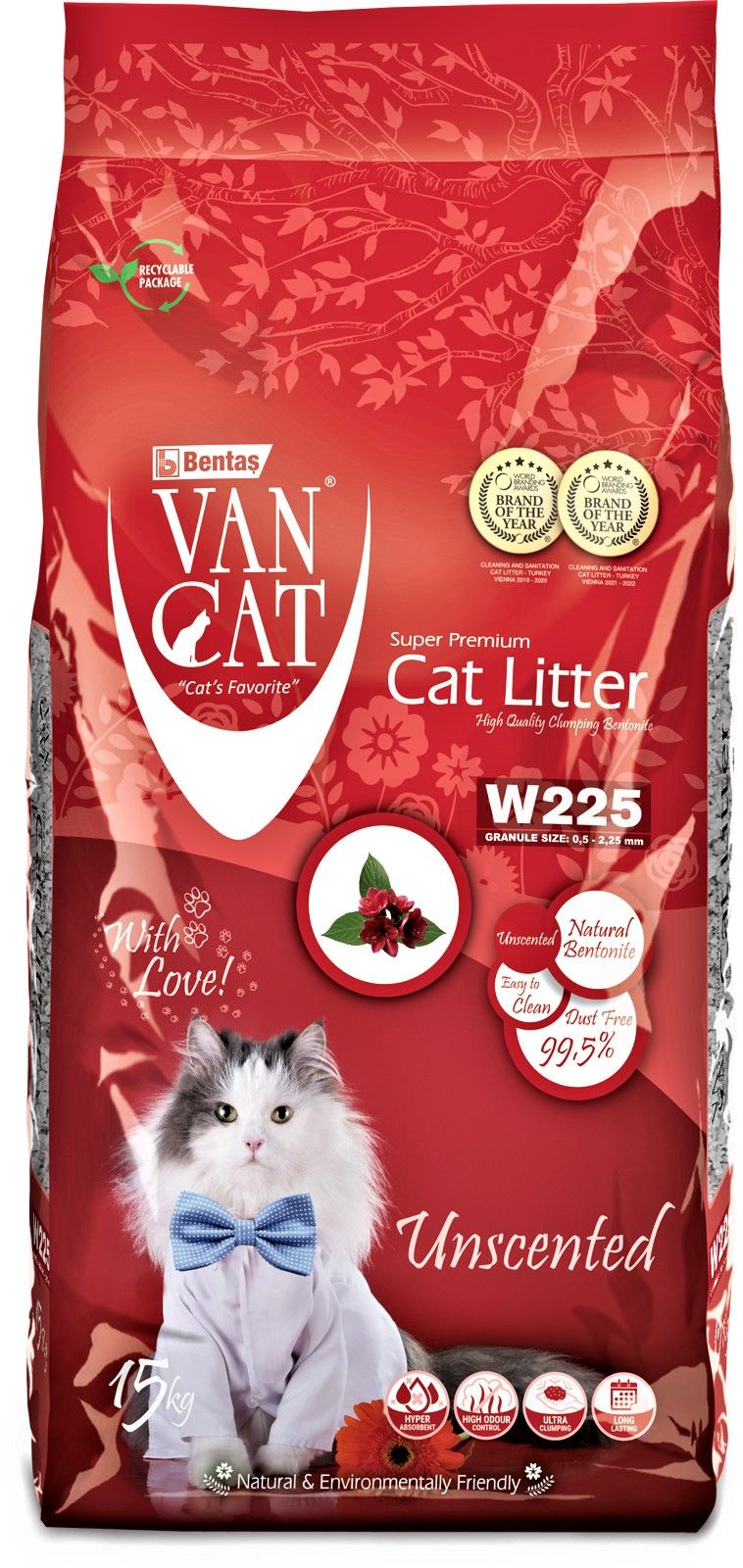 Комкующийся наполнитель Van Cat Natural бентонитовый, без запаха, 15 кг