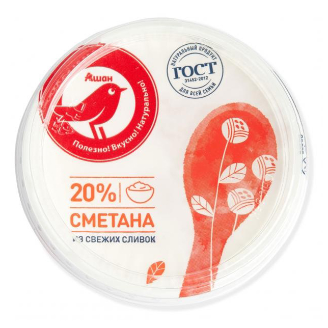 

Сметана АШАН Красная птица из свежих сливок 20% БЗМЖ 315 г