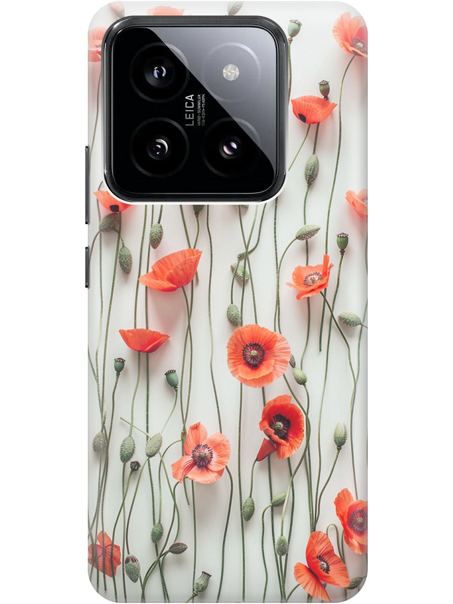 

Силиконовый чехол на Xiaomi 14 Pro с рисунком "Маки на белой стене", Белый;красный, 20012090