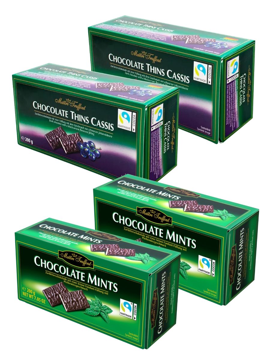 Темный шоколад Maitre Truffout с мятной и смородиновой начинкой в пластинках, 4шт по 200 г