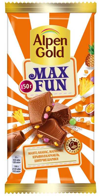 фото Шоколад alpen gold max fun манго ананас маракуйя взрывная карамель и шипучие шарики 150г