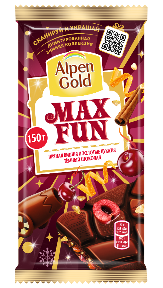 

Шоколад Alpen Gold Темный пряная вишня и золотые цукаты 150г