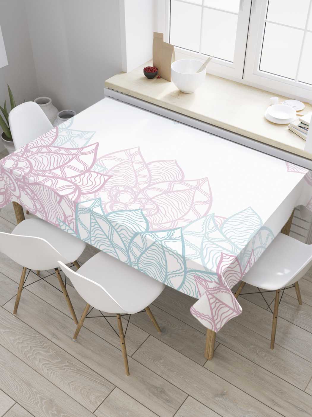 

Скатерть прямоугольная JoyArty "Ажурные цветы" из оксфорда, 180x145 см, Белый, Ажурные цветы