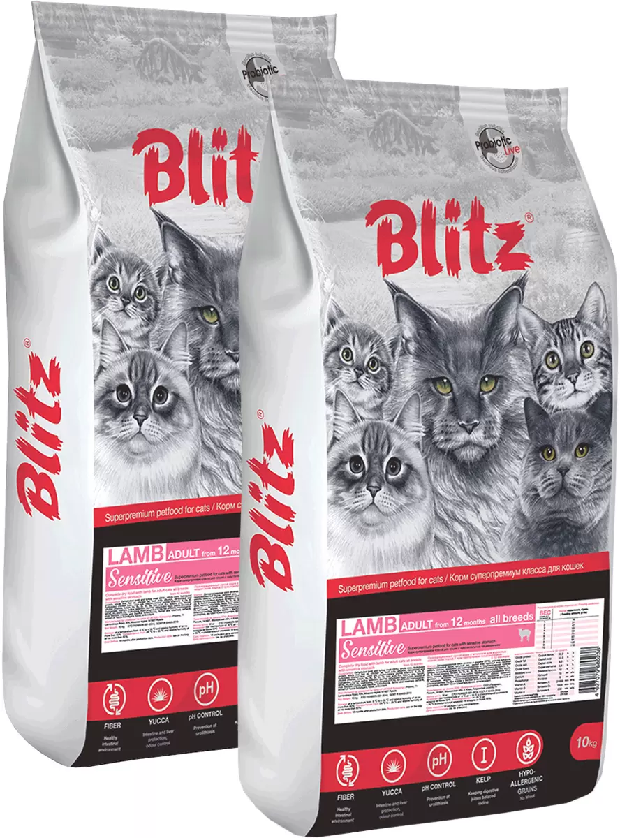 

Сухой корм для кошек Blitz Sensitive Adult Cat Lamb с ягненком, 2 шт по 10 кг