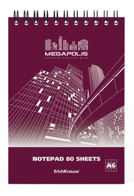 

Блокнот на спирали ErichKrause® MEGAPOLIS® А6 80 л клетка ламинация глянцевая, Блокноты на спирали