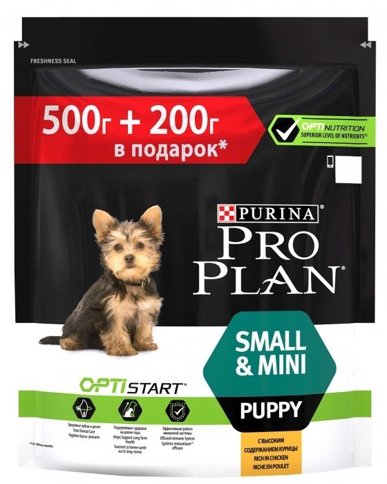 

Сухой корм для щенков мелких пород PRO PLAN Small & Mini Puppy, курица, 500г + 200г