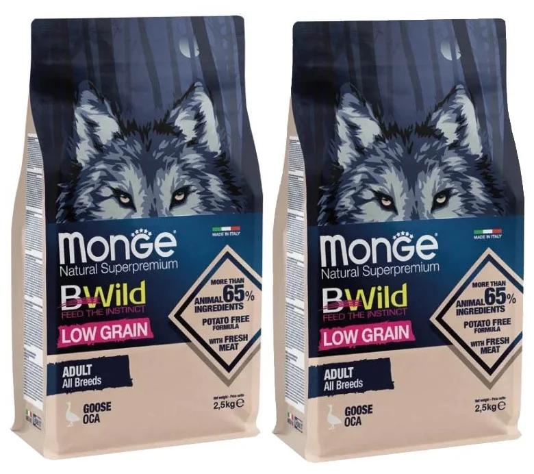 

Сухой корм для взрослых собак Monge Bwild Low Grain гусь, 2 шт по 2,5 кг